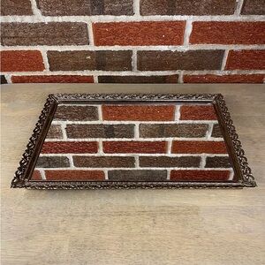 VTG Ornate Floral Rectangle Vanity Mirror Tray Brassy Gold Filigree